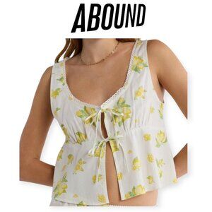 Abound Lemon Print 100% Cotton Tie-Front Top Lace Neckline Summer Cute Size S 🍋